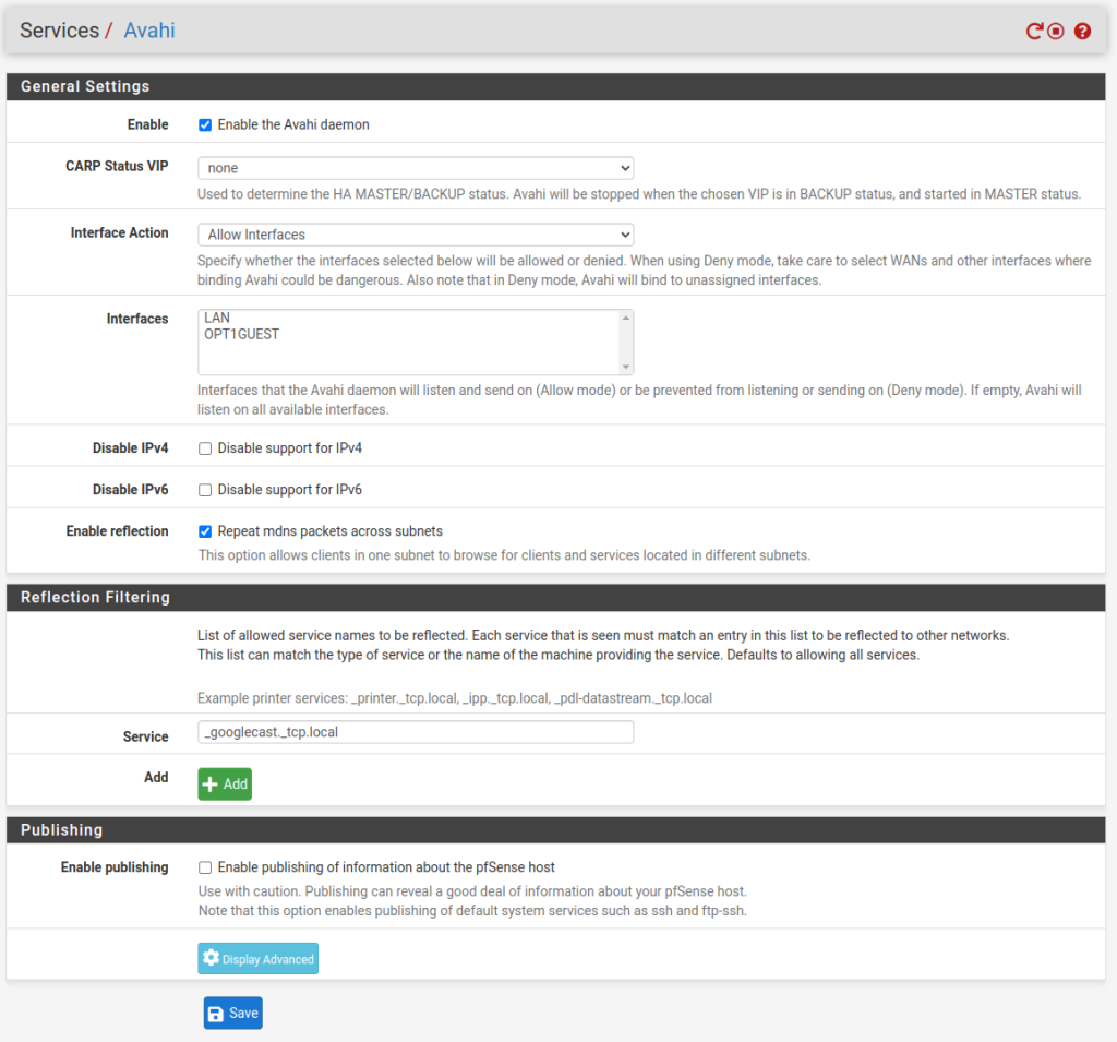 Setup Avahi service on pfSense to handle mDNS for Chromecast devices.