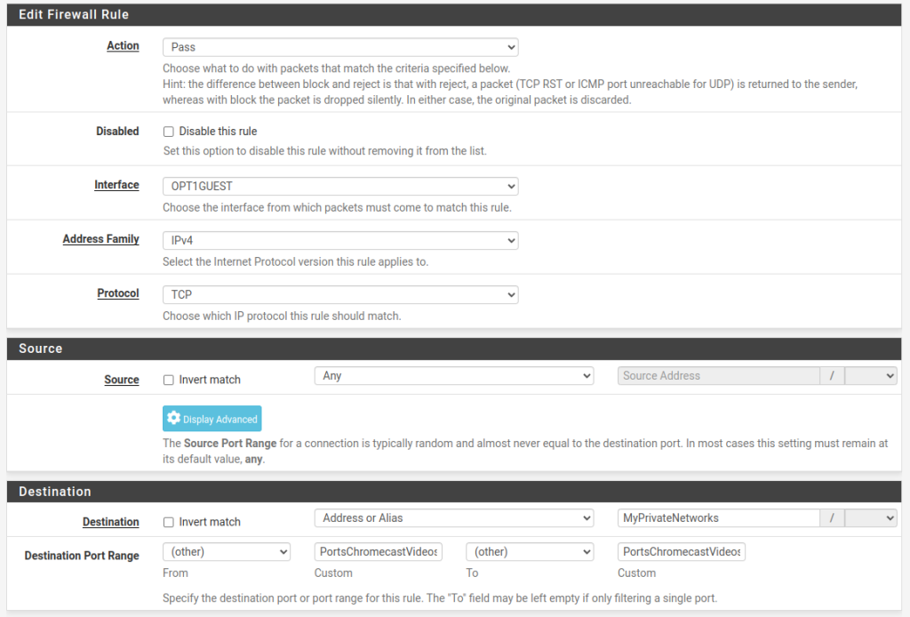 Add a firewall rule in pfSense to allow TCP traffic on the two Chromecast video streaming ports.